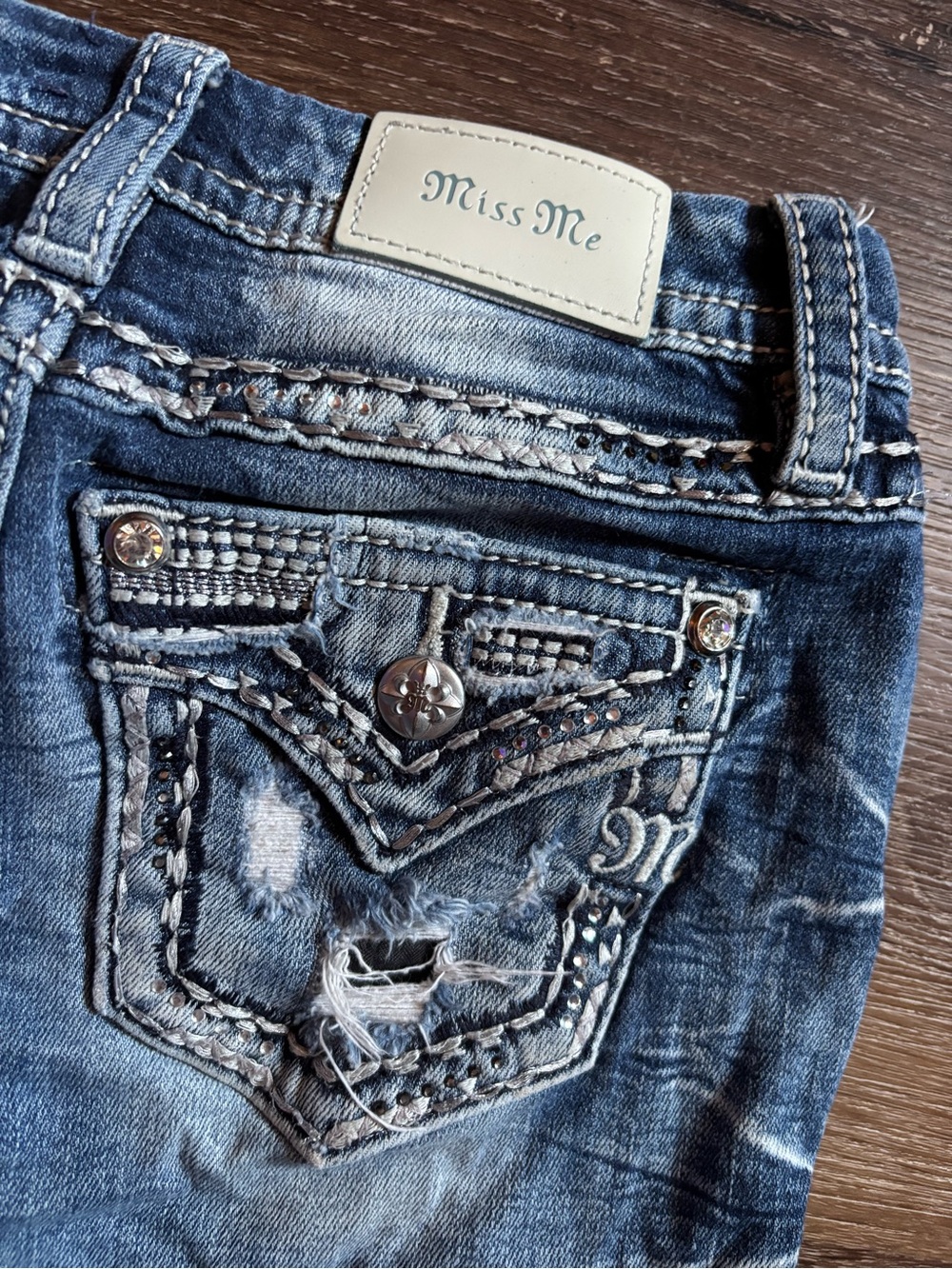 Miss Me Blue Distressed Embellished Pocket Jeans